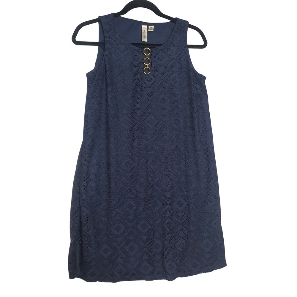 Tacera Navy Blue Crochet Lace Shift Dress Petite Small Gold Ring Sleeveless